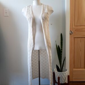 FRESHMAN 1996‎ Crochet Open Cardigan  Summer Beach Cover Up Cream Light Beige